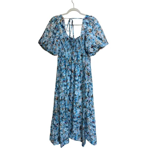 Anthropologie Floral Print Blue Midi Dress Puff‎ Sleeve Smocked Casual Size XS - Image 3