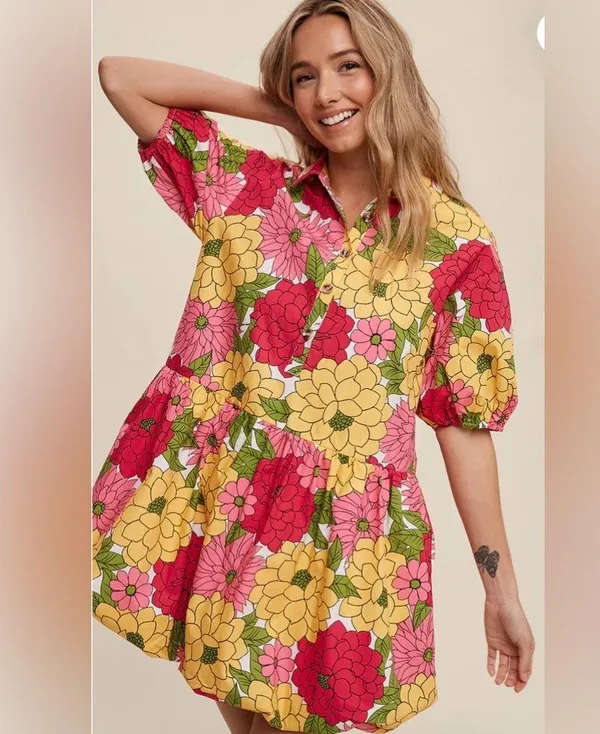 Listicle Flower Print Button Front Bubble Mini
Dress - Image 6