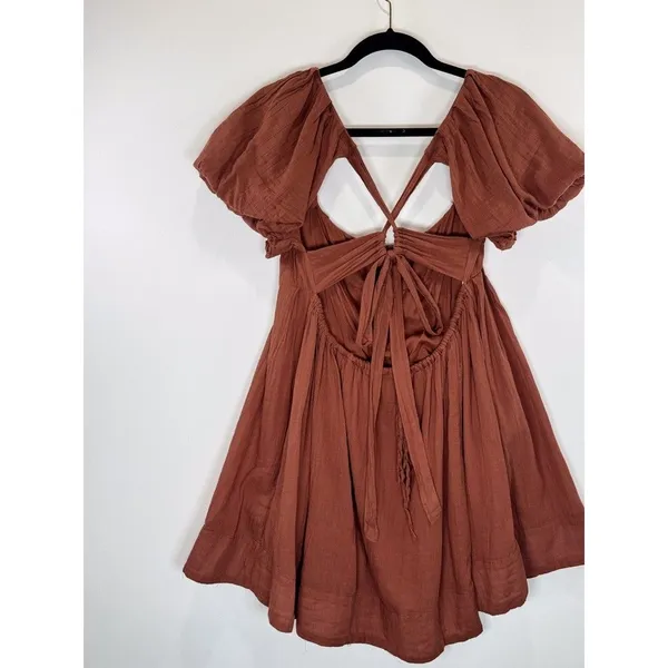 Free People Women Dress Brown Marina Mini Puffed Tie Back A Line Boho Chic Small - Image 9
