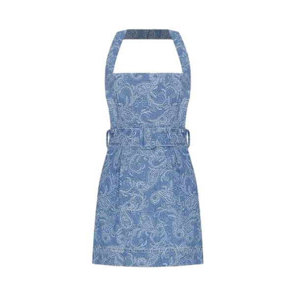 ELLIATT Rhythem Floral Embroidery Belted Denim Mini Dress, Blue, XS - Image 6