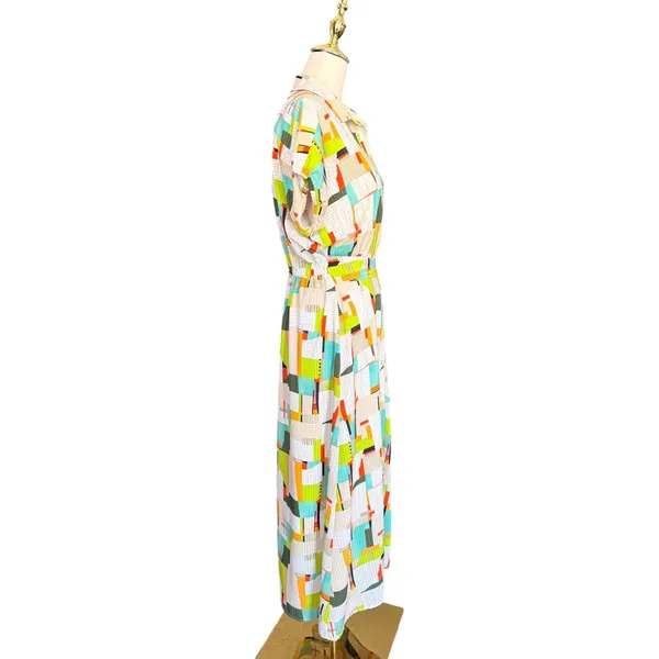 LDT Multi-Color Geometric Abstract‎ Print Button Front Midi Shirt Dress Size 6 - Image 3