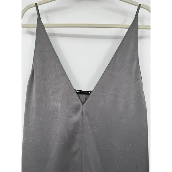 ZARA V-Neck Hammered Satin Maxi Slip Dress Sz L Gray Grunge Luxury Minimalist - Image 3