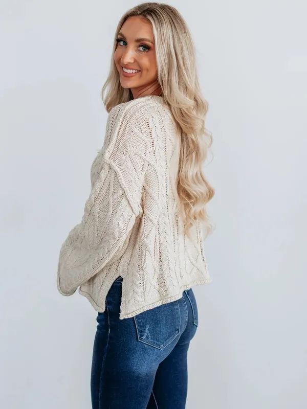 Le Lis Cream Cable Knit Crewneck Sweater - Image 4
