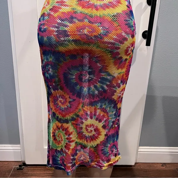 NYC women’s L mesh swim coverup Multicolor Knit Fabric Tye dye side slit - Image 12