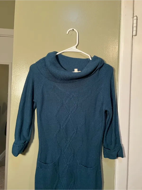 Pink Rose Women’s Size Medium Cowl Neck Sweater Dress Turquoise Green Blue Cable - Image 2