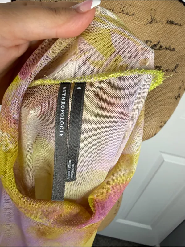 Anthropologie Mesh Mock Neck Floral Print Top Size M Sheer Stretch - Image 5
