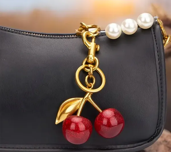 New Heavy Cherry Red Bag Charm Key Chain Glitter Resin & Goldtone C-clasp - Image 6