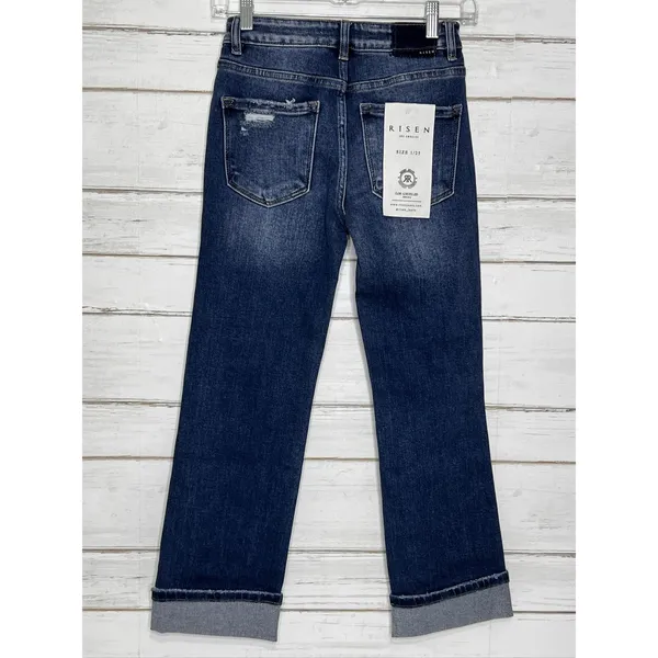 RISEN Cuffed Jeans Dark Wash Blue Straight Leg Stretch Denim Size 1 / 25 - Image 2