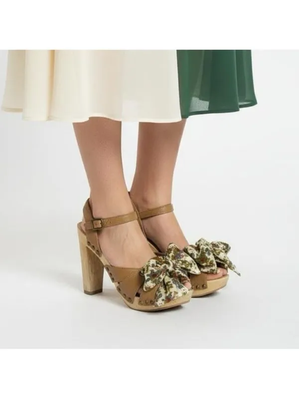 Vintage CROWN women’s wood platform heels "miss america" floral fabric bow Sz 7M - Image 2