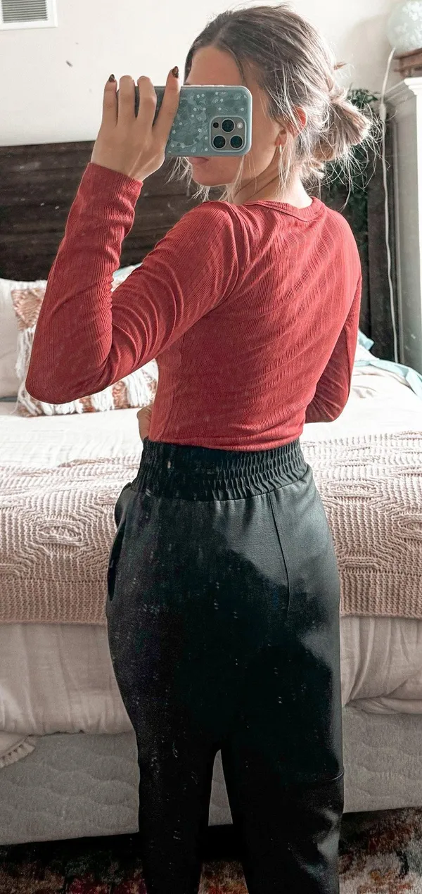 Forever 21 Red Ribbed Button Up Longsleeve Bodysuit - Image 3