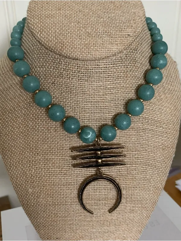 Blue Green Beaded Crescent Necklace Adjustable 15 - Image 3