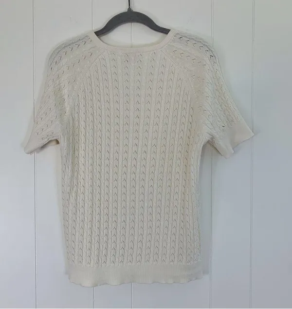 Cream Short Sleeve Button Down Sweater M (?) Size M - Image 2