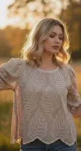 Solitaire boho leaf-embroidered puff sleeve top - Image 6