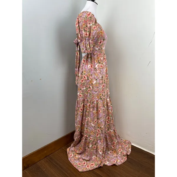 Inmod Pink Floral Puff Sleeve Open Tie Back Maxi Dress Small Romantic Feminine - Image 4