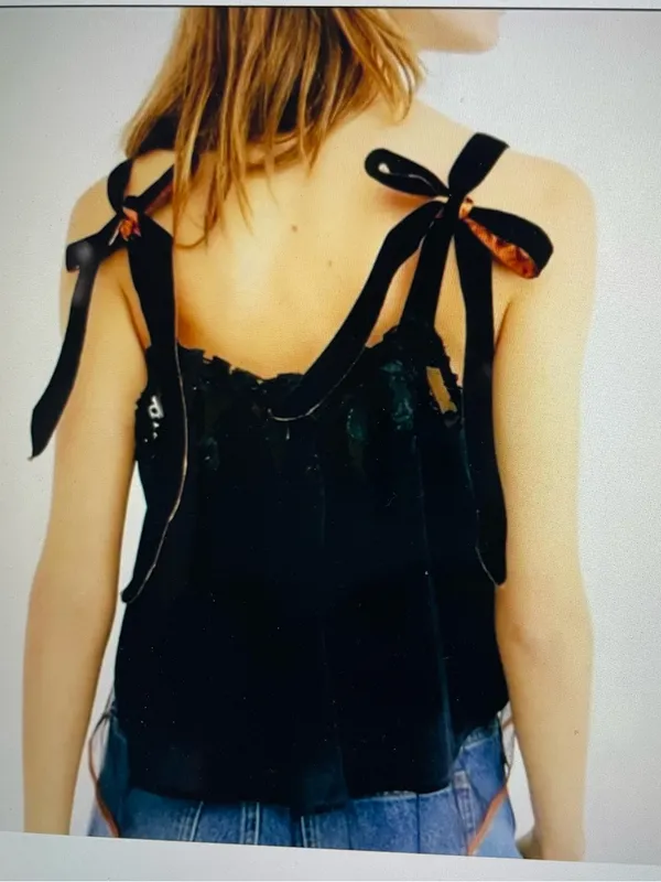 Free People Women’s Black Velvet Lace Trim Babydoll Orange Ribbon Straps - Small - Image 3
