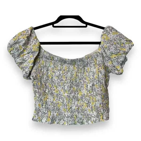 ASTR The Label Womens Yellow Multi Flower Sweetheart Shirt Crop‎ Top L - Image 2