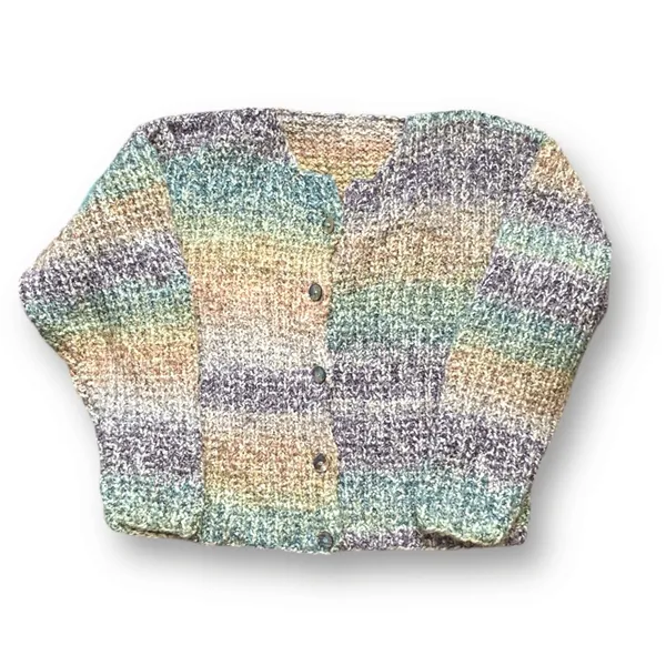 Vintage‎ Pastel Ombre Hand Knit Cardigan Chunky Cropped Sweater Rainbow Cozy - Image 3
