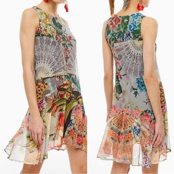 Desigual Large Lucille Tank Dress Asymmetrical Grey Colorful Flowy Spring - Image 2