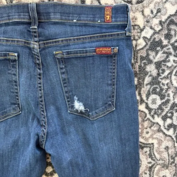 7 For All Mankind The Skinny Distressed 32 Med Wash Destroyed Stretch Jeans - Image 6