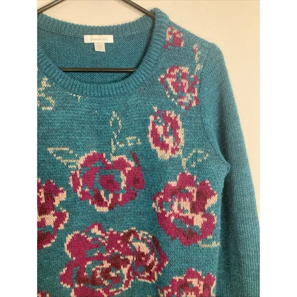 Garnet Hill Intarsia Sweater Teal Magenta Roses Wool Blend Small - Image 5