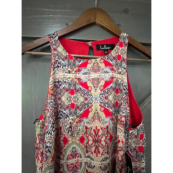 Lulus Red Paisley Mini Dress‎ High Neck Shift Small Boho Festival - Image 3