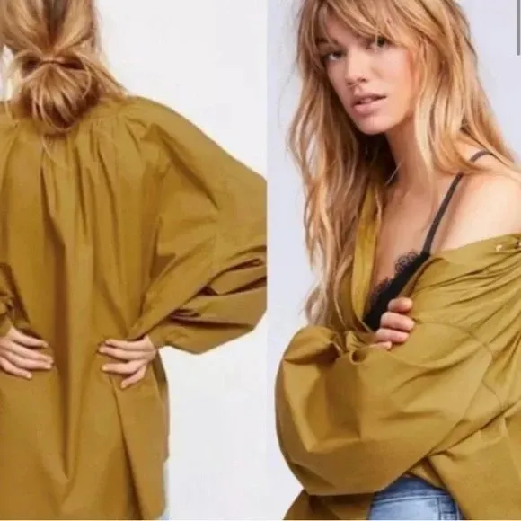 Free People mustard yellow oversized‎ long sleeve top 100% cotton women's medium - Image 2