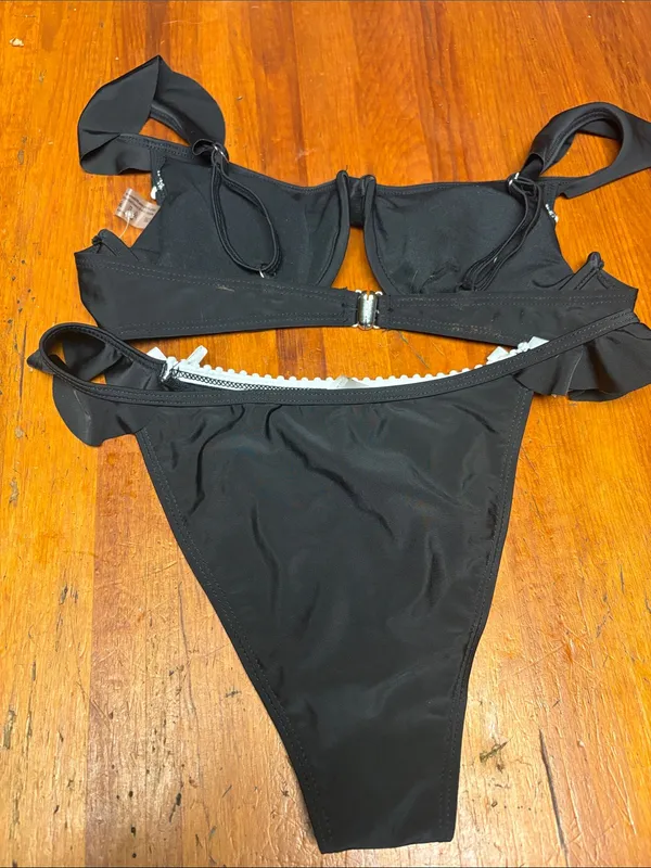 Black Bikini Set with White Trim and Bow Accents - Image 2