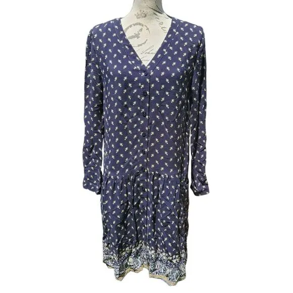 Garnet Hill Women's Dropwaist Button-Up Dress Long‎ Sleeve Boho Navy Floral 6 - Image 3