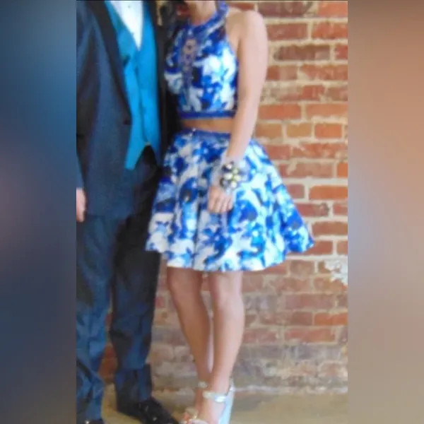 Rachel Allen Blue Floral Beaded Two-Piece Prom Dress - Image 3