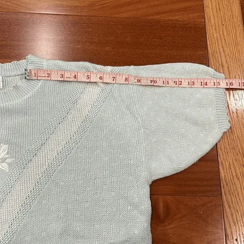 Isle of Cotton Knit Sweater Womens XL Mint Green Floral Embroidered Short Sleeve - Image 8