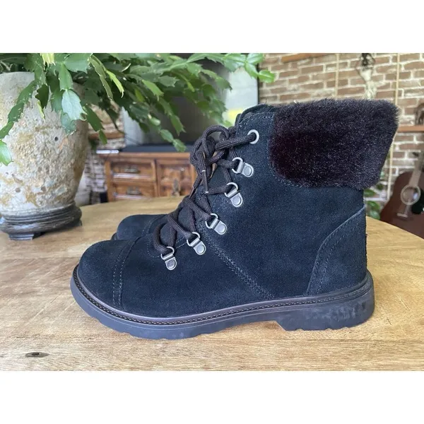 UGG Black Suede Shearling Hiker Boots Women Size 5 US 37 EU Lace Up Zip Winter - Image 3
