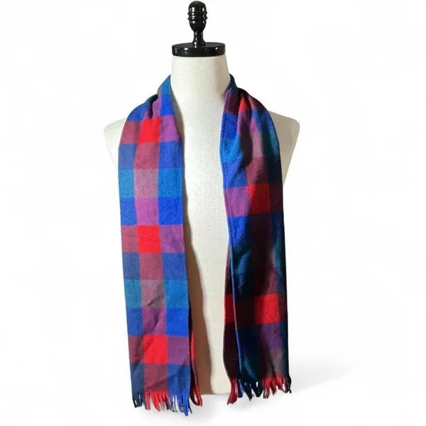 Pendleton Plaid Virgin Wool‎ Scarf Blue Red Purple Fringe Preppy Winter Warm - Image 2