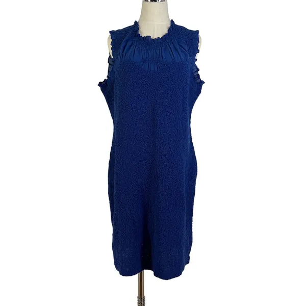 By Anthropologie Mock-Neck Textured Smocked Stretch Dress Blue Mini - Image 2
