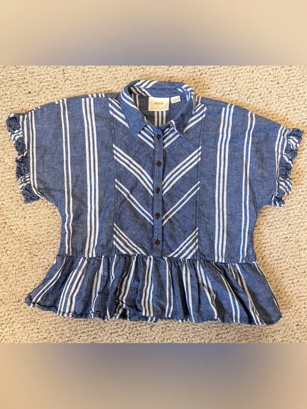 Anthropologie Maeve Allison Flounced‎ Button Down Blouse XS Linen Cotton Striped - Image 2