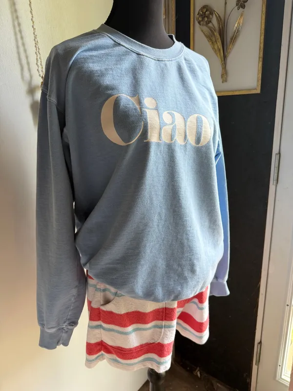 Ciao Distressed Sweatshirt | Faded Blue Beach Pullover | 100% Cotton | Small - Image 2