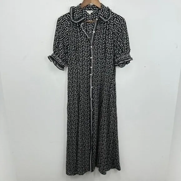 Max Studio London Women's XS Black White Polka Dot Midi‎ Dress Ruffle Trim NWT - Image 2