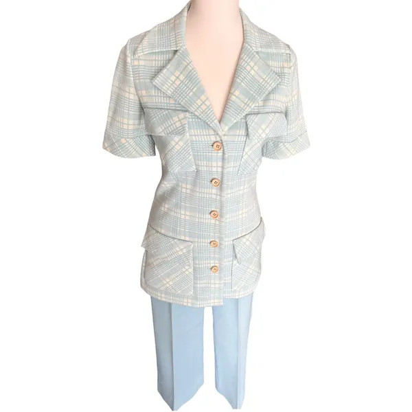 Vintage 70s‎ Light Blue Plaid Safari Womens Suit Act iii - Image 2
