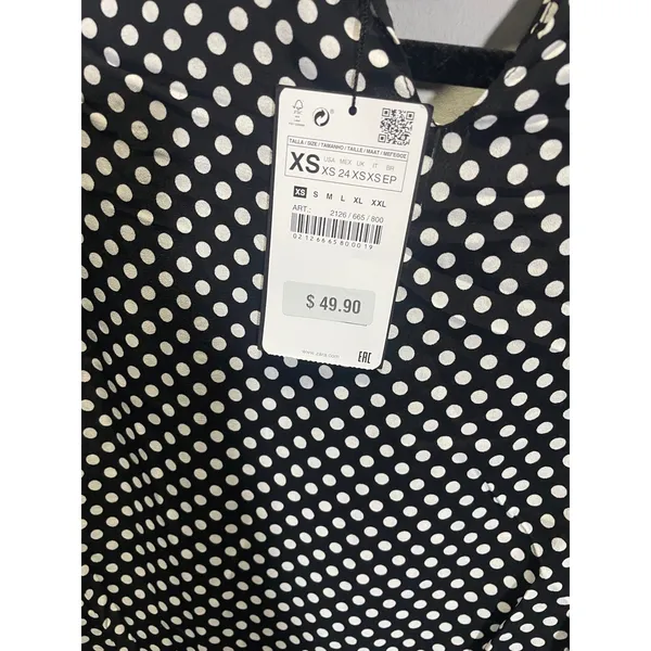 Zara Polka Dot Blouse Womens XS Black White Mock Neck Ruffle Short Sleeve Retro‎ - Image 4