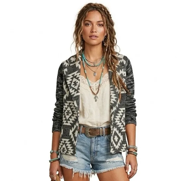 SKIES ARE BLUE Women's Medium Knit Blazer Aztec Southwest Black White Cardigan - Image 14