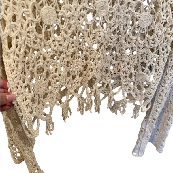 Zara Cream Crochet Open Knit Sweater Top Floral Fringe Boho Long Sleeve - Image 3