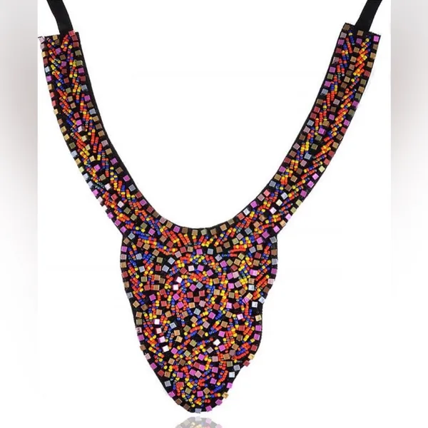 Colorful Metallic Beaded Tribal Ethnic Bib Scallop Edge Statement Necklace - Image 5