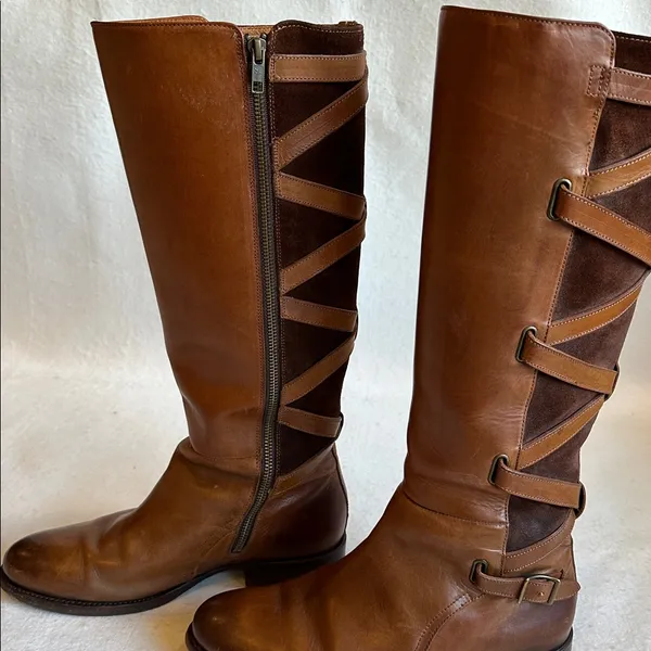 Frye Brown Leather Knee-High Boots with Suede criss cross accents size 8.5 - Image 7