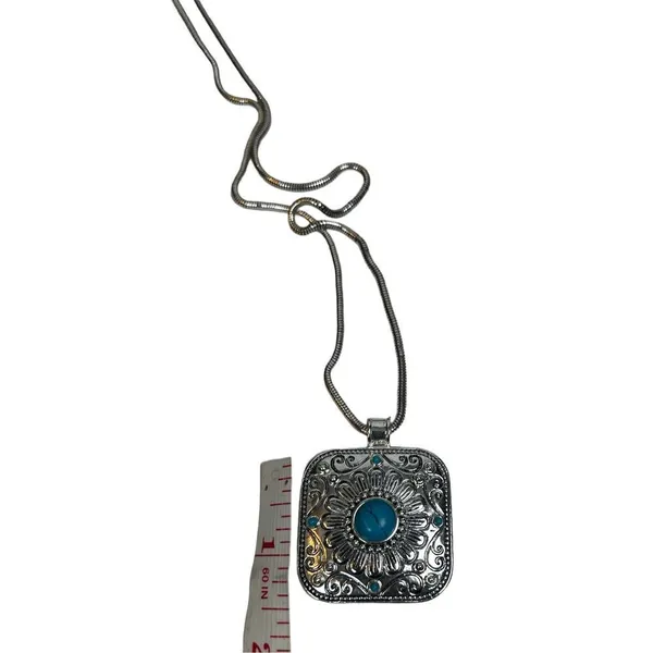 Vintage Silver Tone “Roman” Enameled Floral Etched Pendant W Faux Turquoise Ston - Image 4