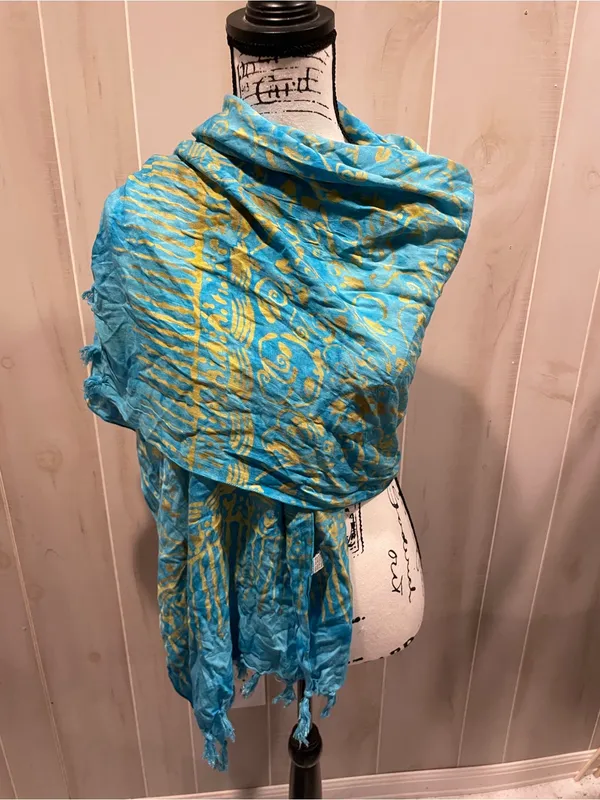 Source Unknown Cute Y2K aqua celestial batik 90s fringe oversized scarf wrap shawl festival - Image 6
