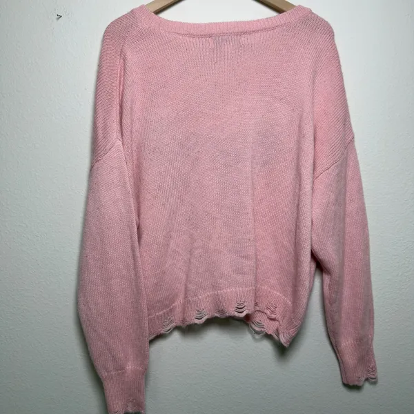 Wildfox Women Sweater Large Pink Bow Distressed V-Neck Oversized Pullover - Image 7
