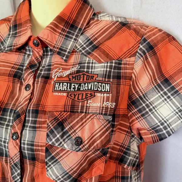 Harley Davidson Plaid Short Slv Snap Button Shirt S Orange Black Biker Western - Image 2