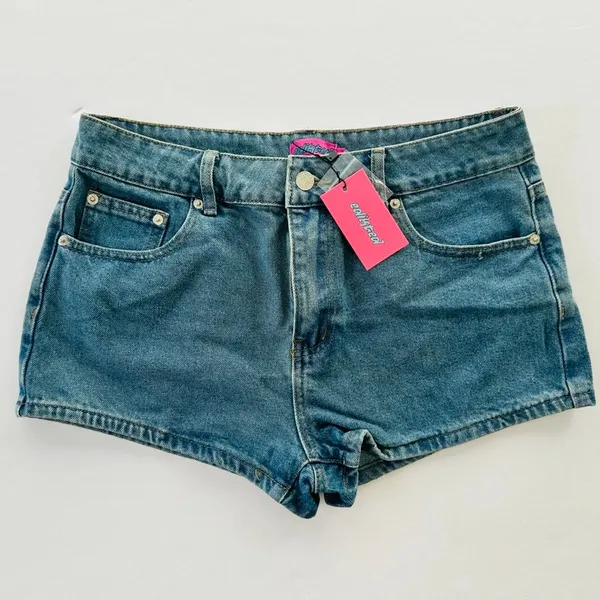 EDIKTED Jean Shorts Heart Pocket Bow Detail NEW Size Large Mini Cheeky - Image 2