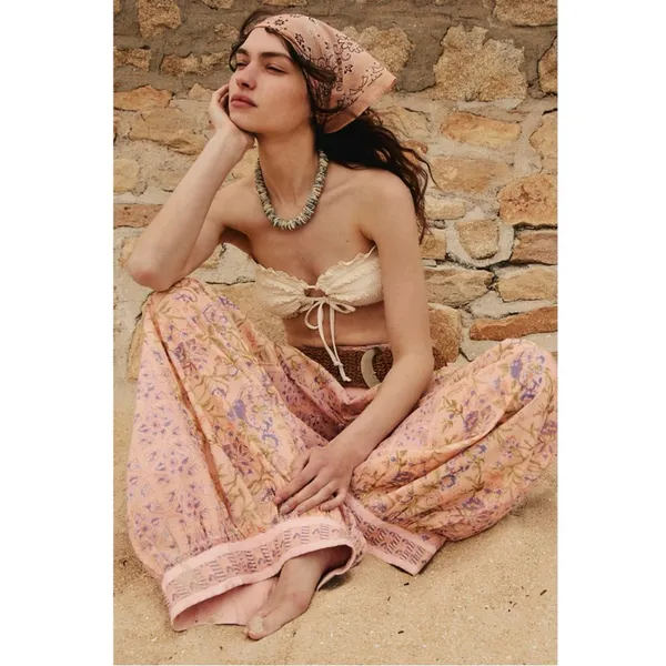 Free People Bohemian Wide Leg Lantern Laurel Canyon Pants Apricot Combo Medium - Image 3