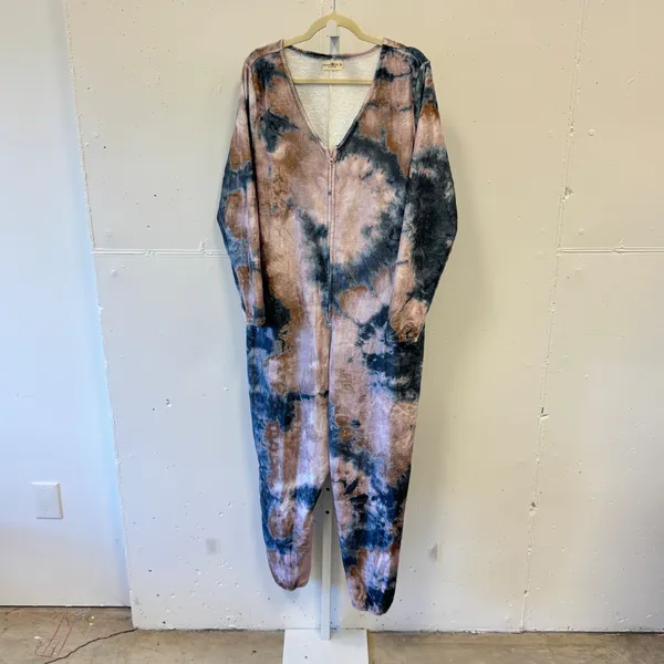 Natural Life Tie Dye Fleece Jumpsuit Pajamas One Piece Blue Tan Size M One Piece - Image 2
