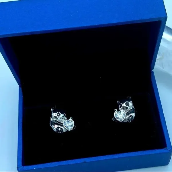 Panda Bear Sterling Silver CZ Heart Stud Earrings Silver - Image 2
